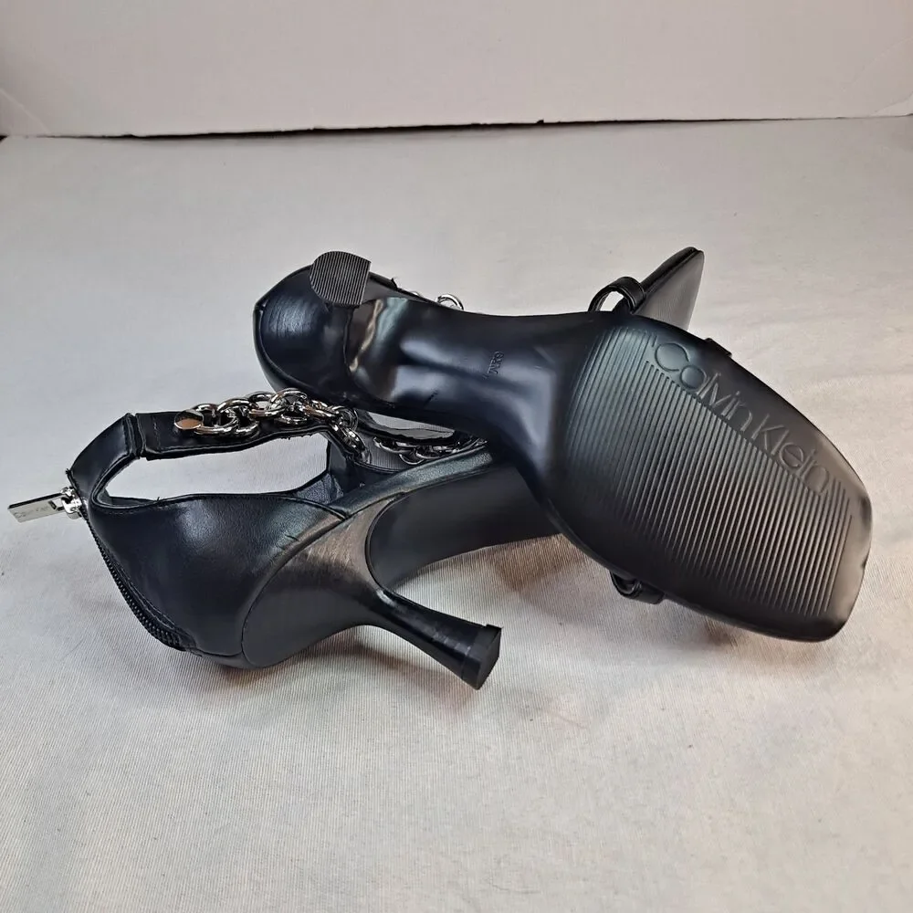 Calvin Klein Women's 6.5M Nova Chain Ankle Strap T Strap High Heel Dress Sandals